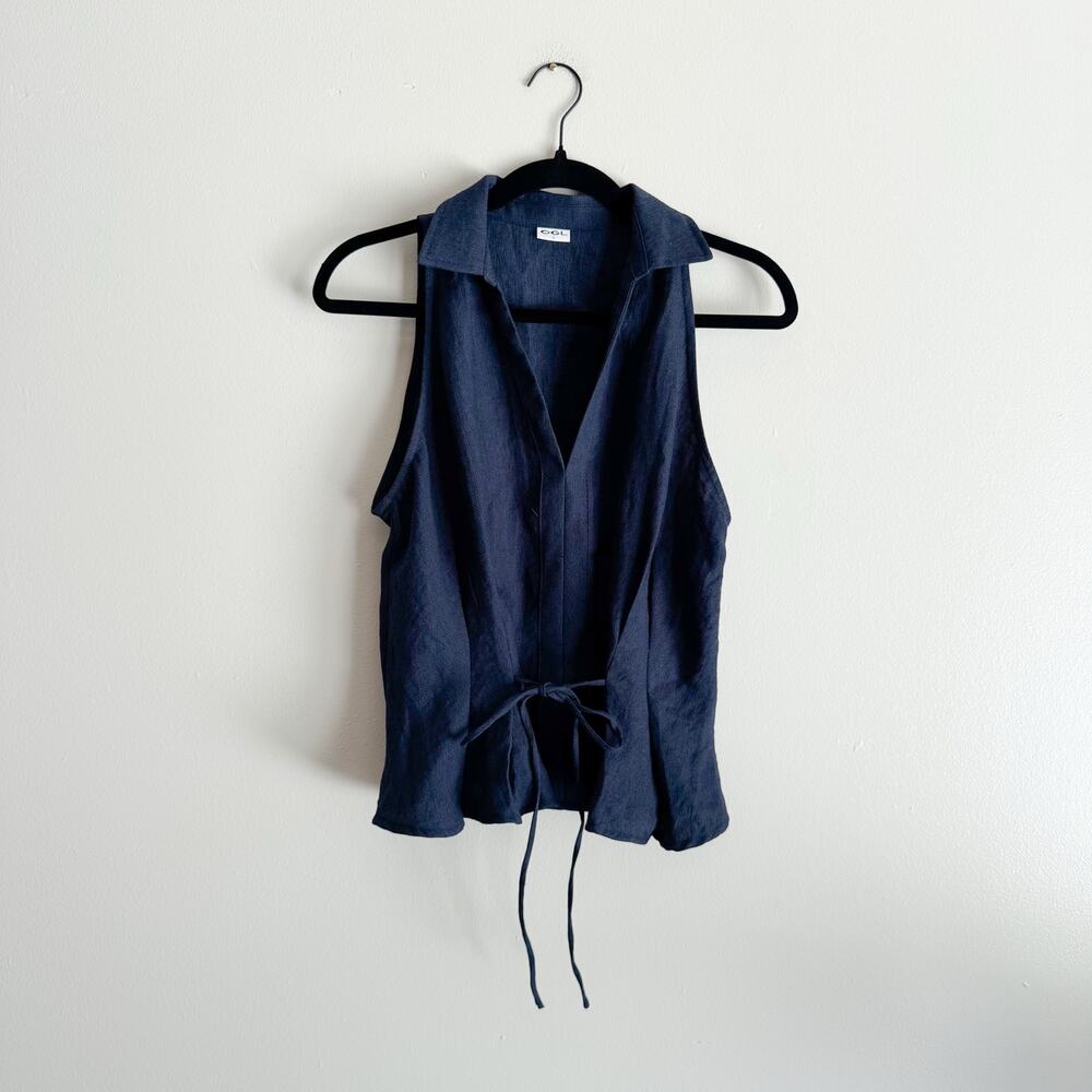 OGL Dark Blue Collared V Neck Pleated Sleeveless Top with Drawstring Large